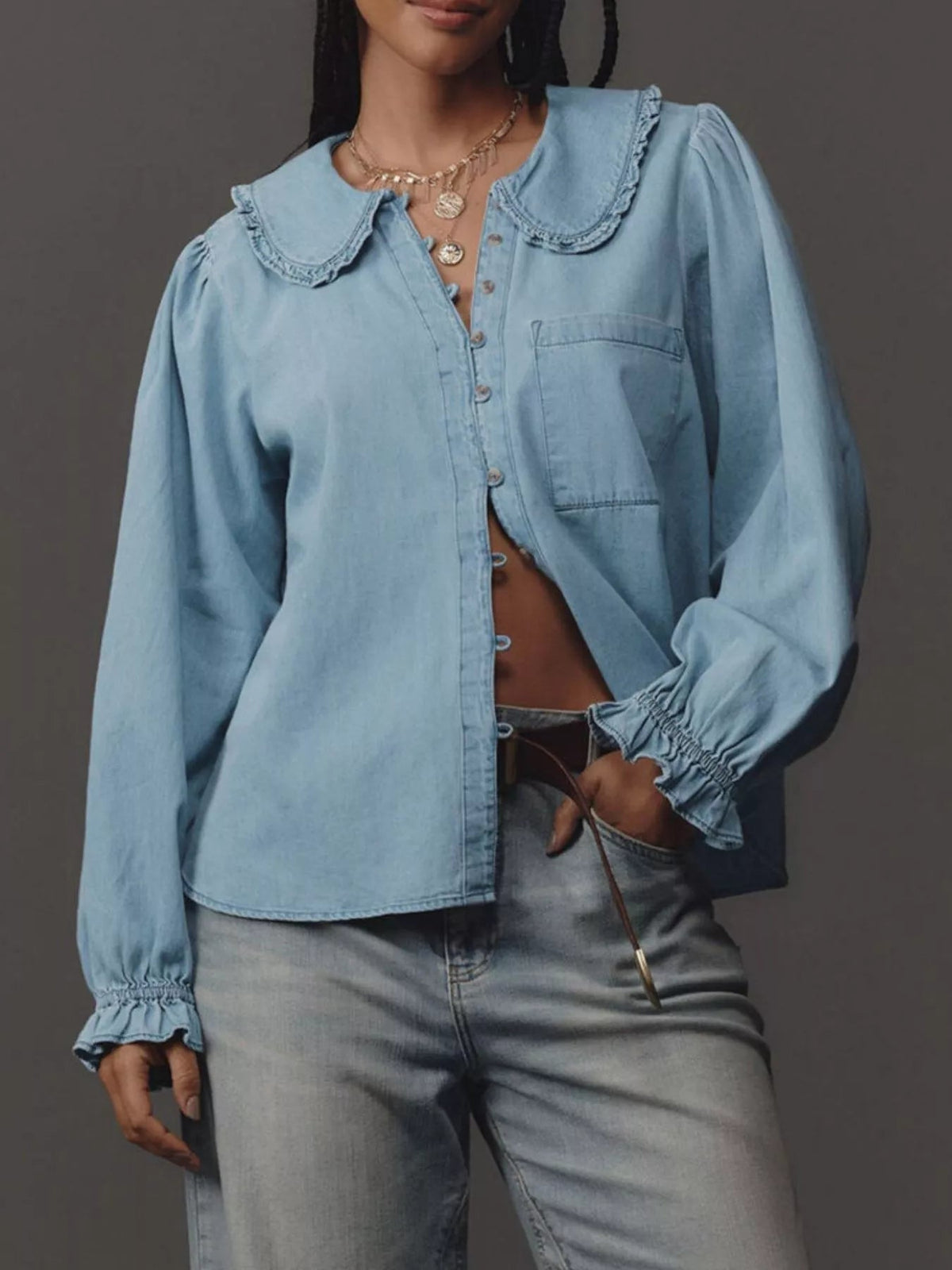 Peter Pan Collar Ruffled Denim Shirt 