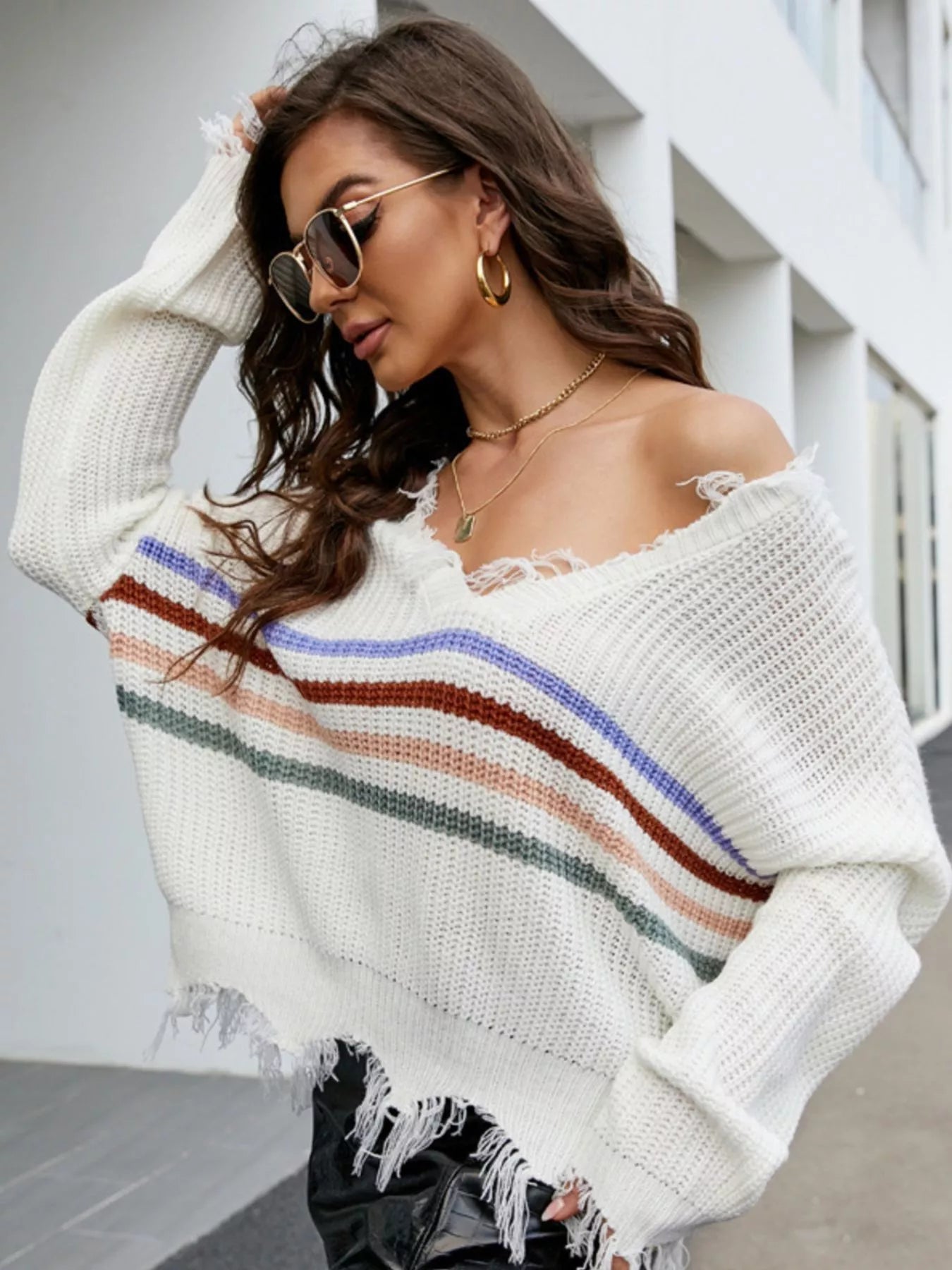 Frayed Hem Long Sleeve Sweater 