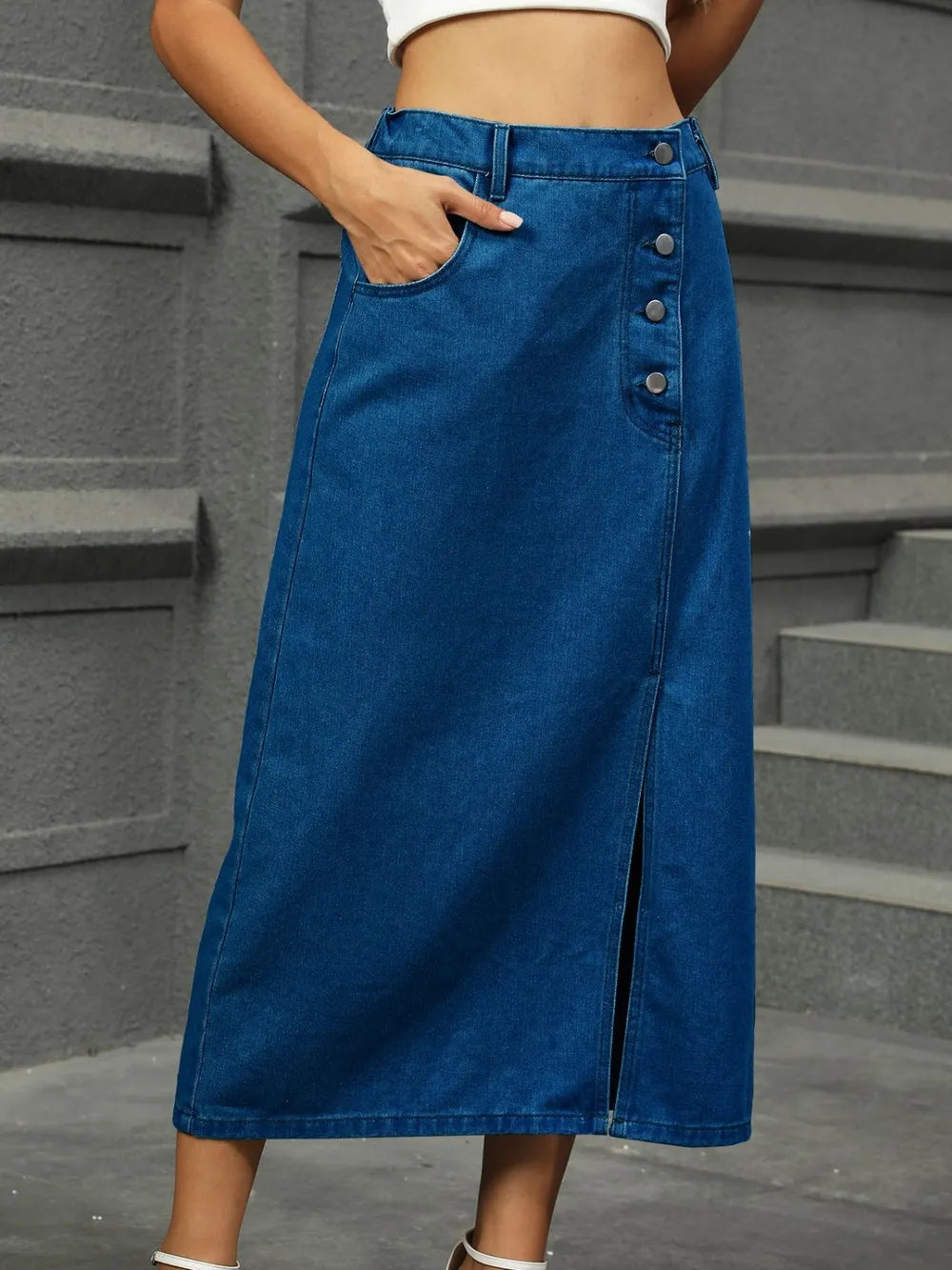 Slit Button Detail Denim Midi Skirt 
