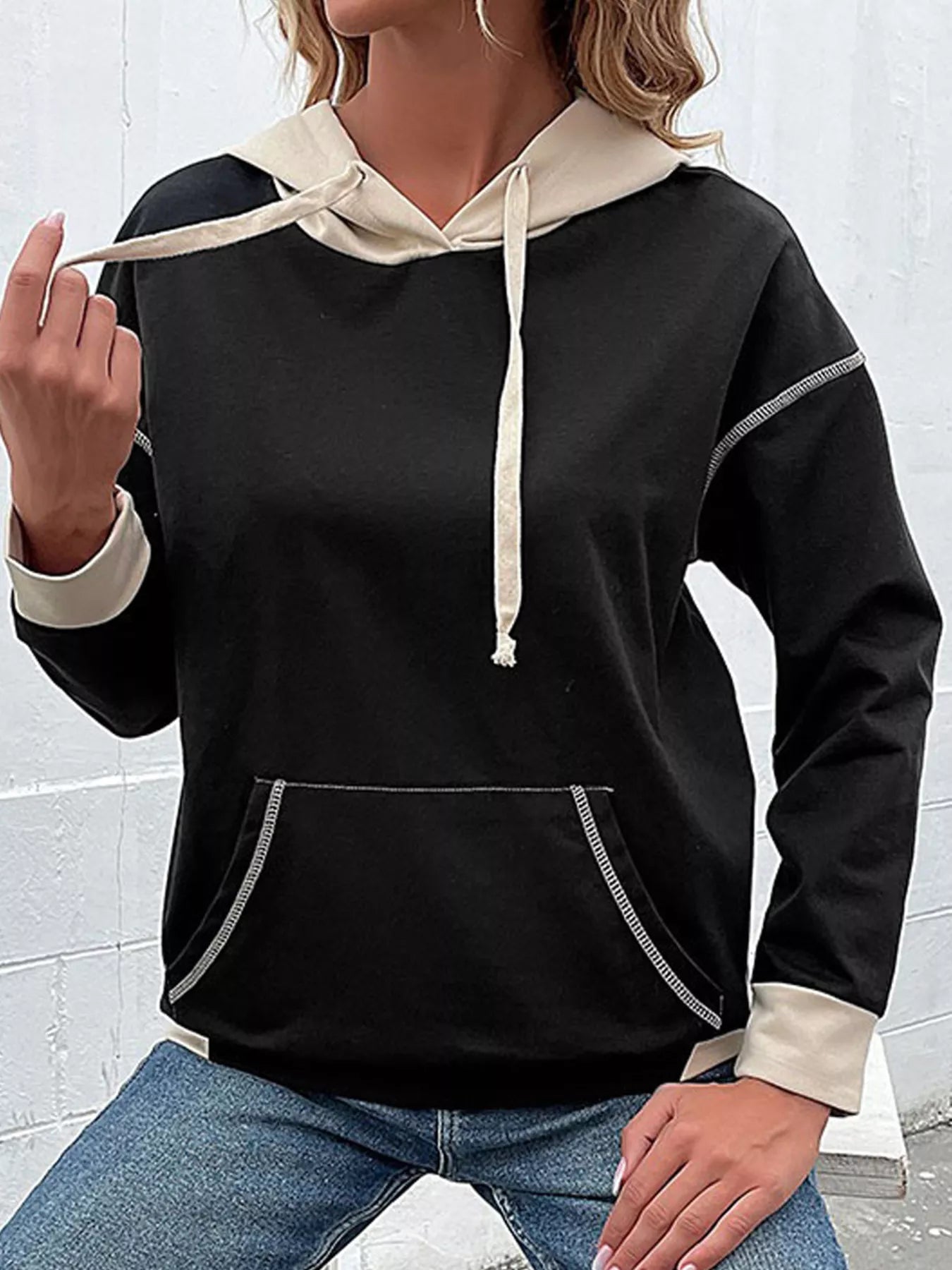 Color Block Hoodie with Drawstring and Kangaroo Pocket 