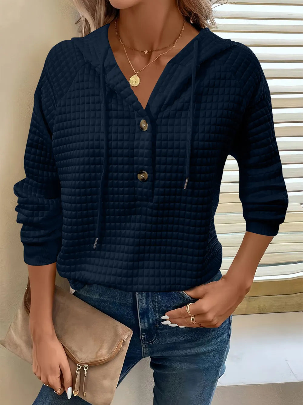 Full Size Texture Button Detail Drawstring Long Sleeve Hoodie 