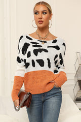 Full Size Two-Tone Boat Neck Sweater 