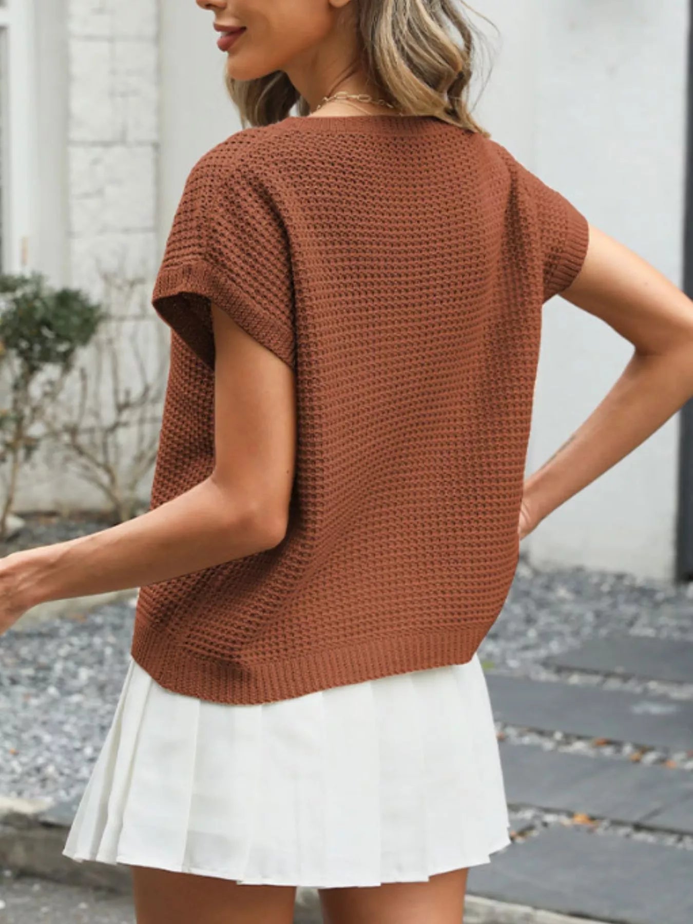 Round Neck Waffle Knit Top 