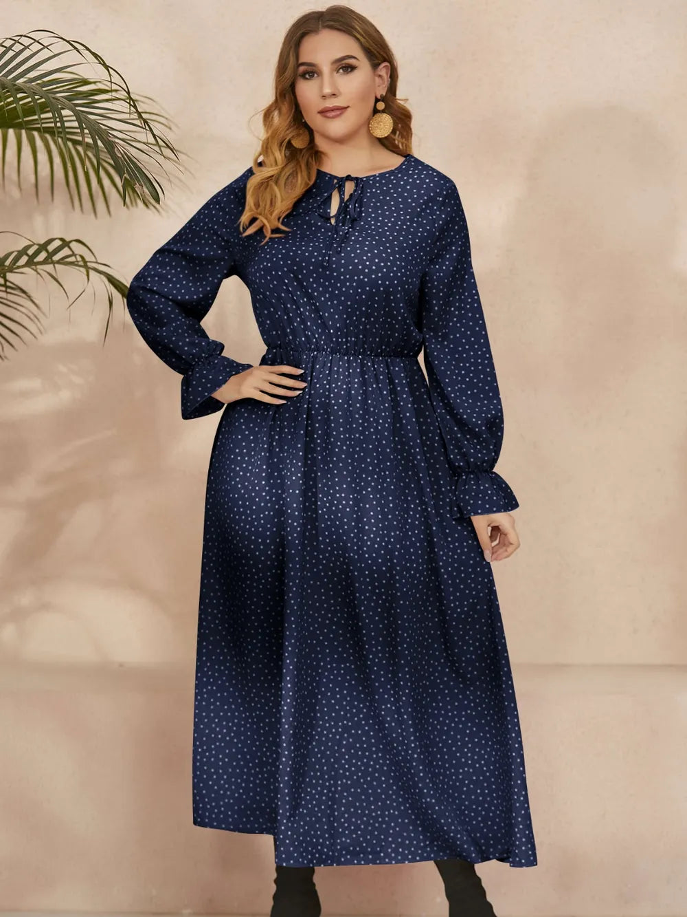 Honey Plus Size Ruffled Polka Dot Long Sleeve Midi Dress 