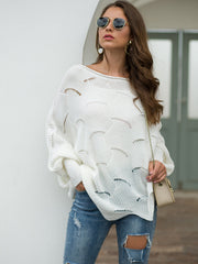 Full Size Boat Neck Lantern Sleeve Openwork Knit Top 