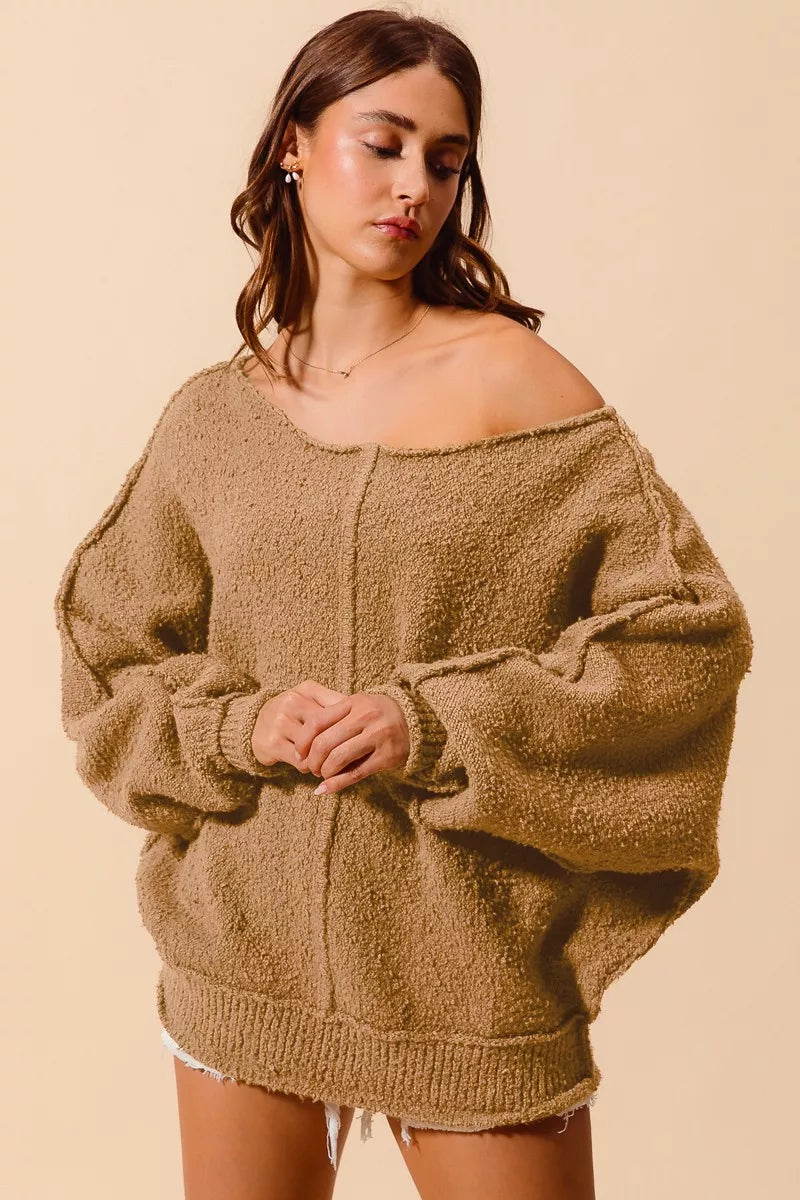 SO ME Loose Fit Exposed Seam Slouchy Boucle Sweater 