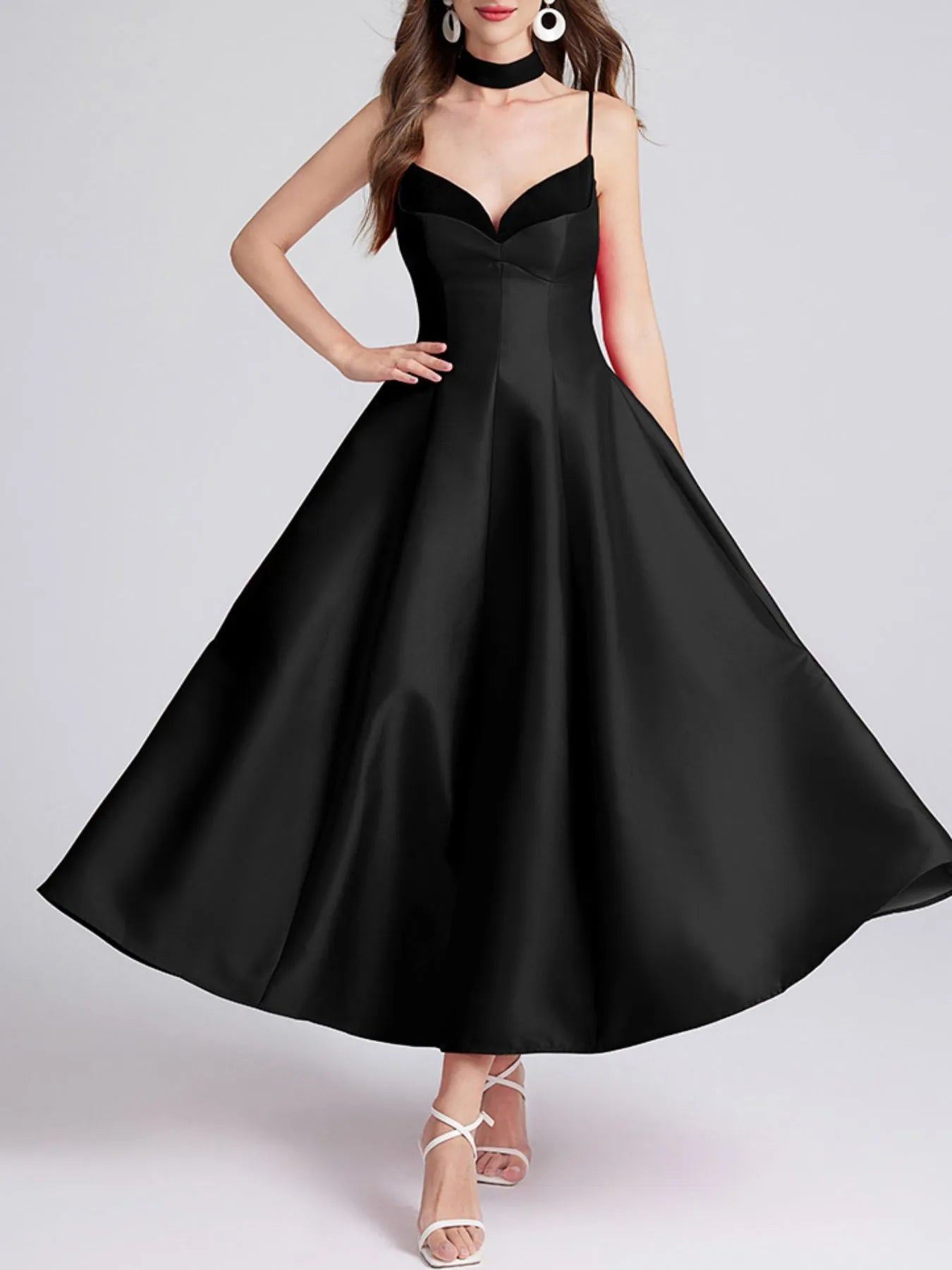 Sweetheart Spaghetti Strap Midi Dress with Collar 
