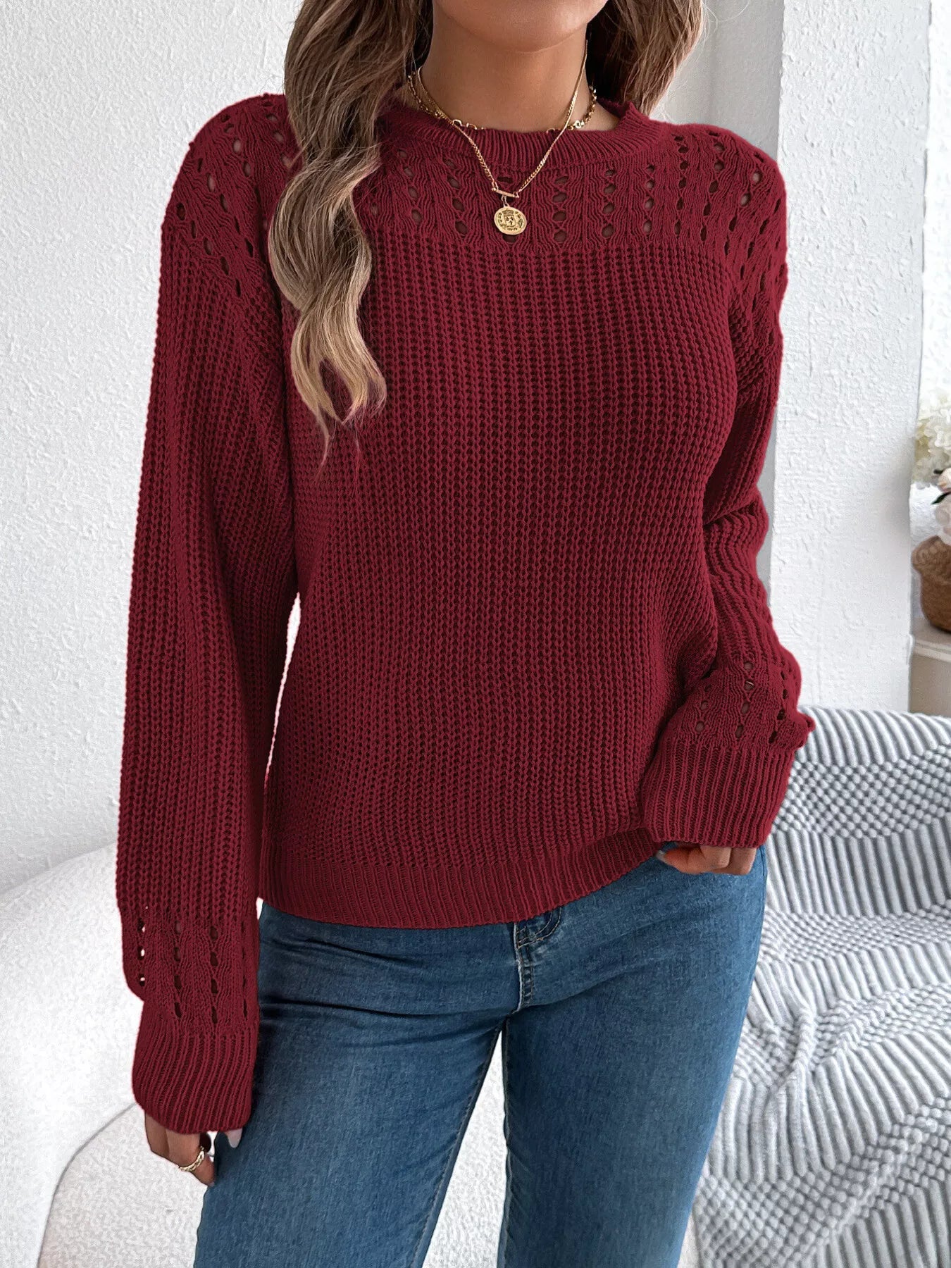 Openwork Round Neck Long Sleeve Sweater 