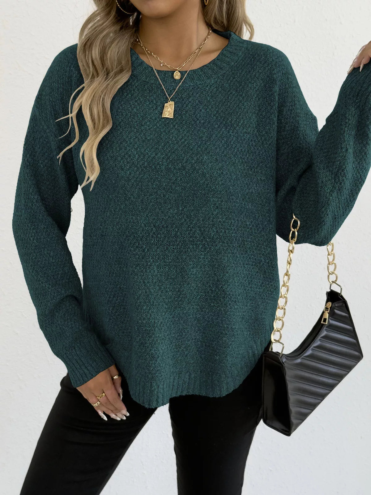 Textured Knit Relaxed Fit Round Neck Sweater 