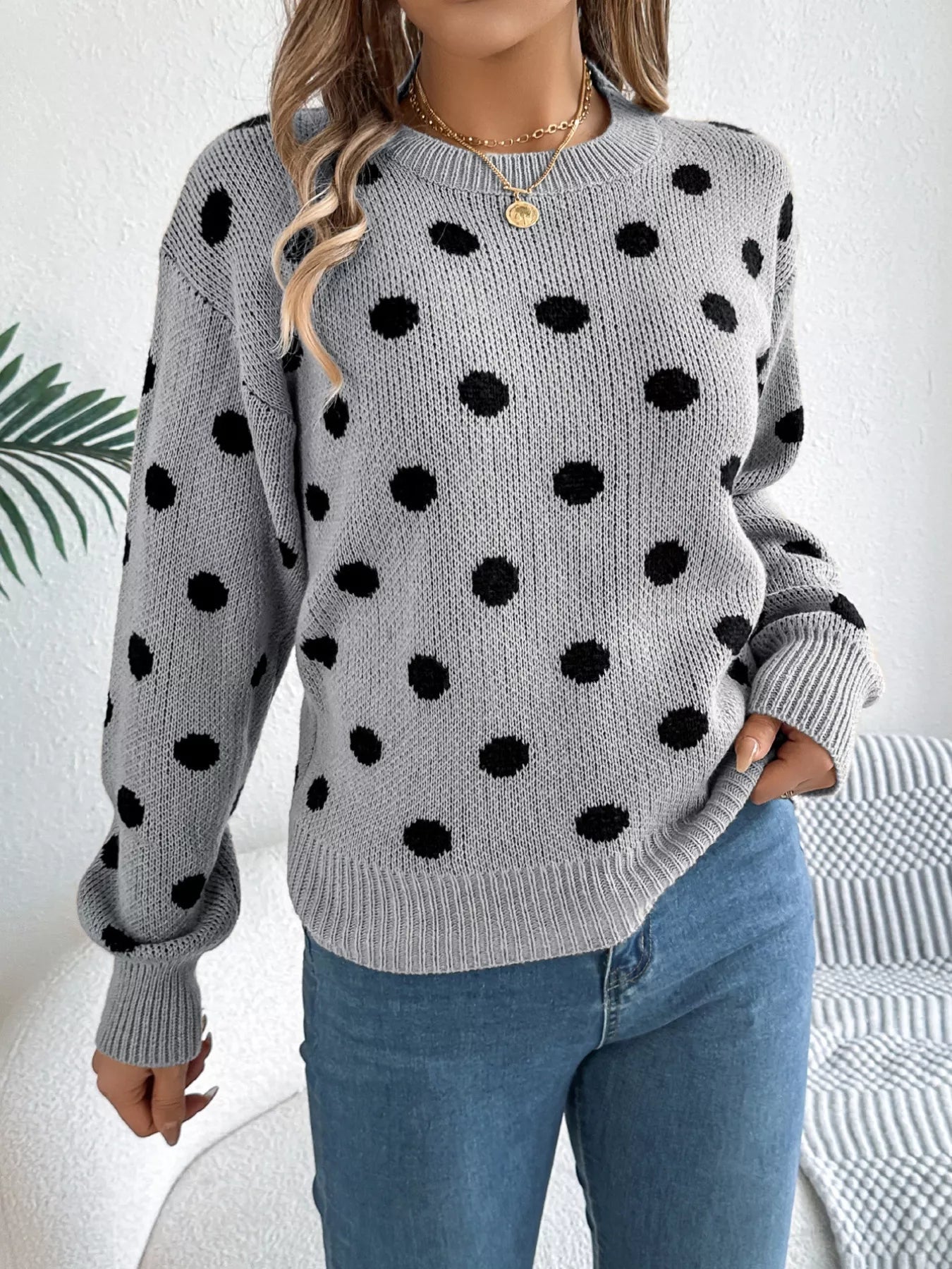 Polka Dot Round Neck Sweater 