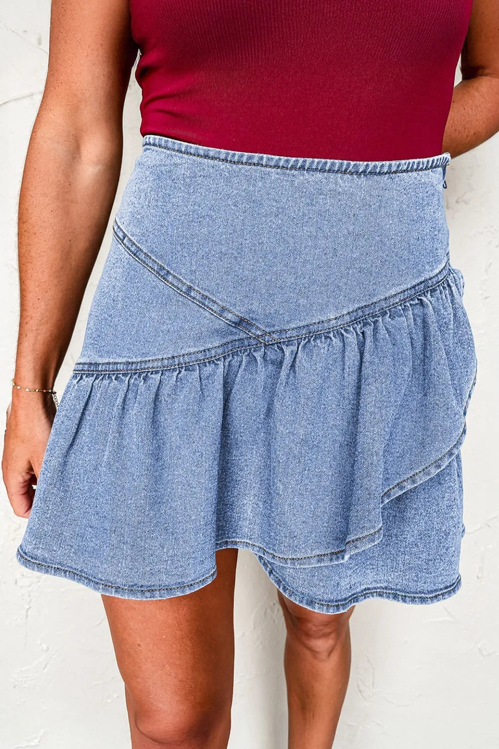 Asymmetric Ruffle Overlay Denim Mini Skirt 