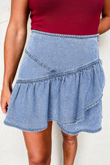 Asymmetric Ruffle Overlay Denim Mini Skirt 