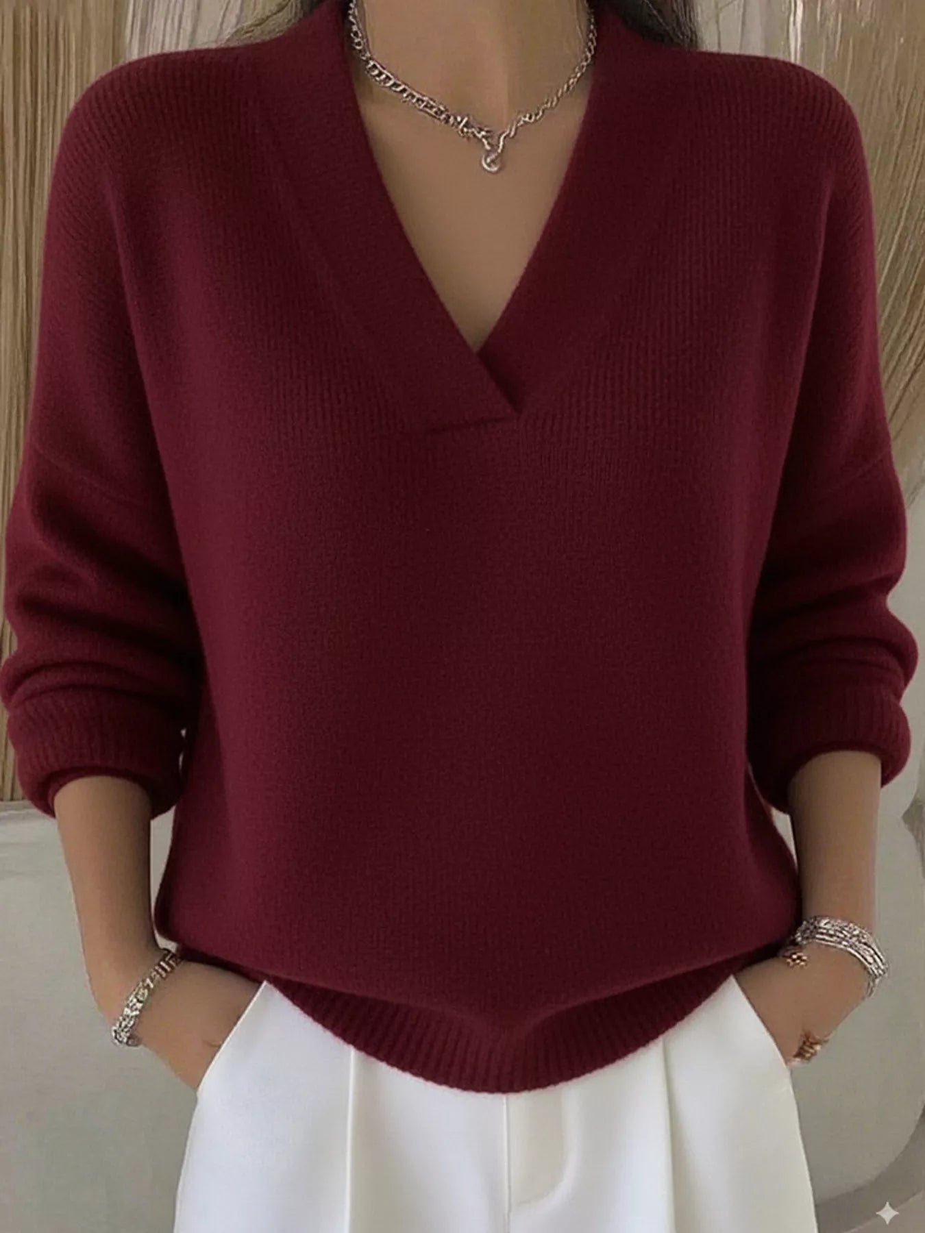 Full Size V-Neck Long Sleeve Sweater Plus Size 
