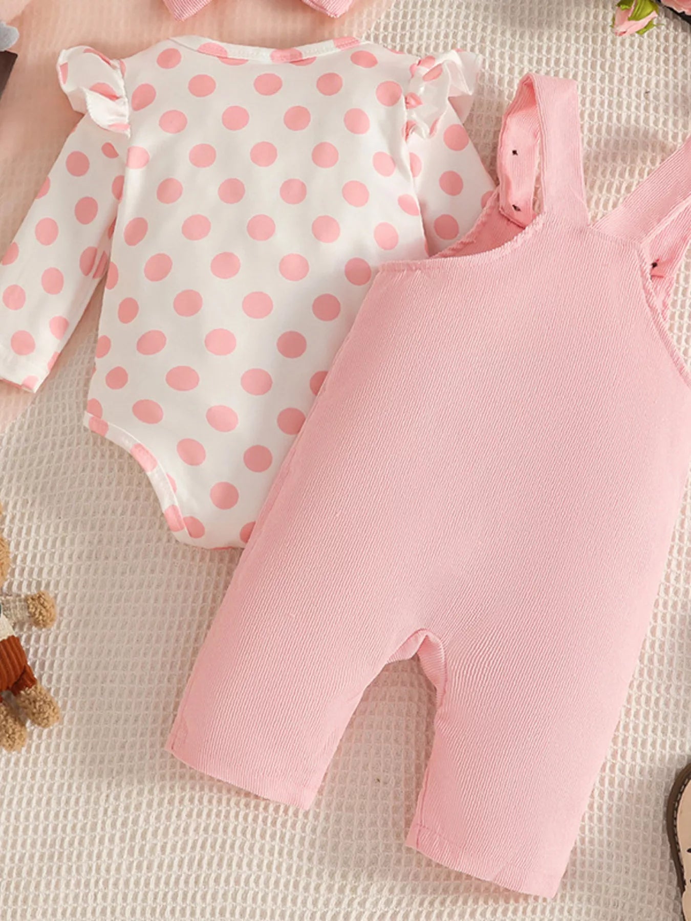 Children's Polka Dot Top and Overalls Set with Headband 