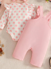 Children's Polka Dot Top and Overalls Set with Headband 