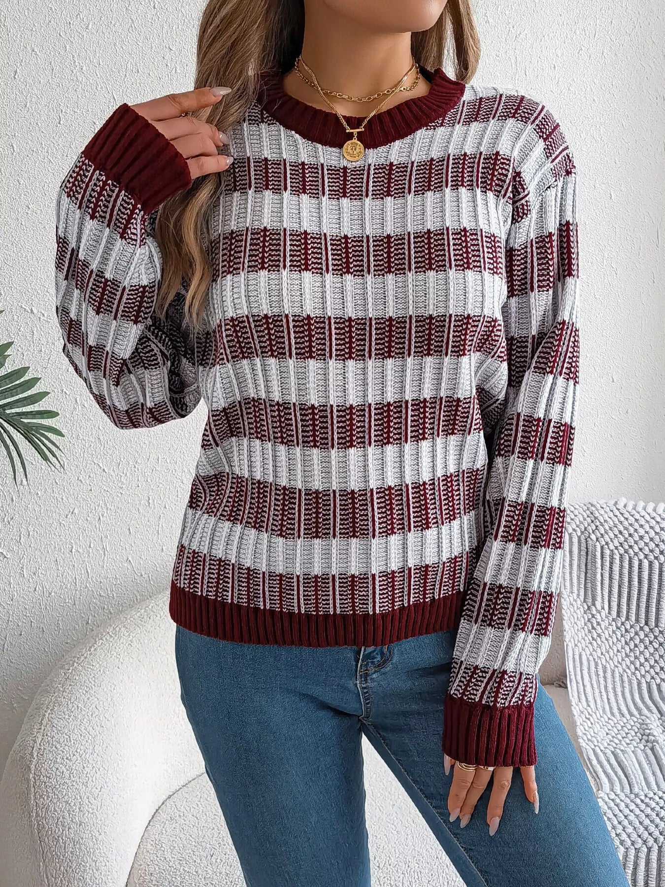 Striped Round Neck Long Sleeve Sweater 