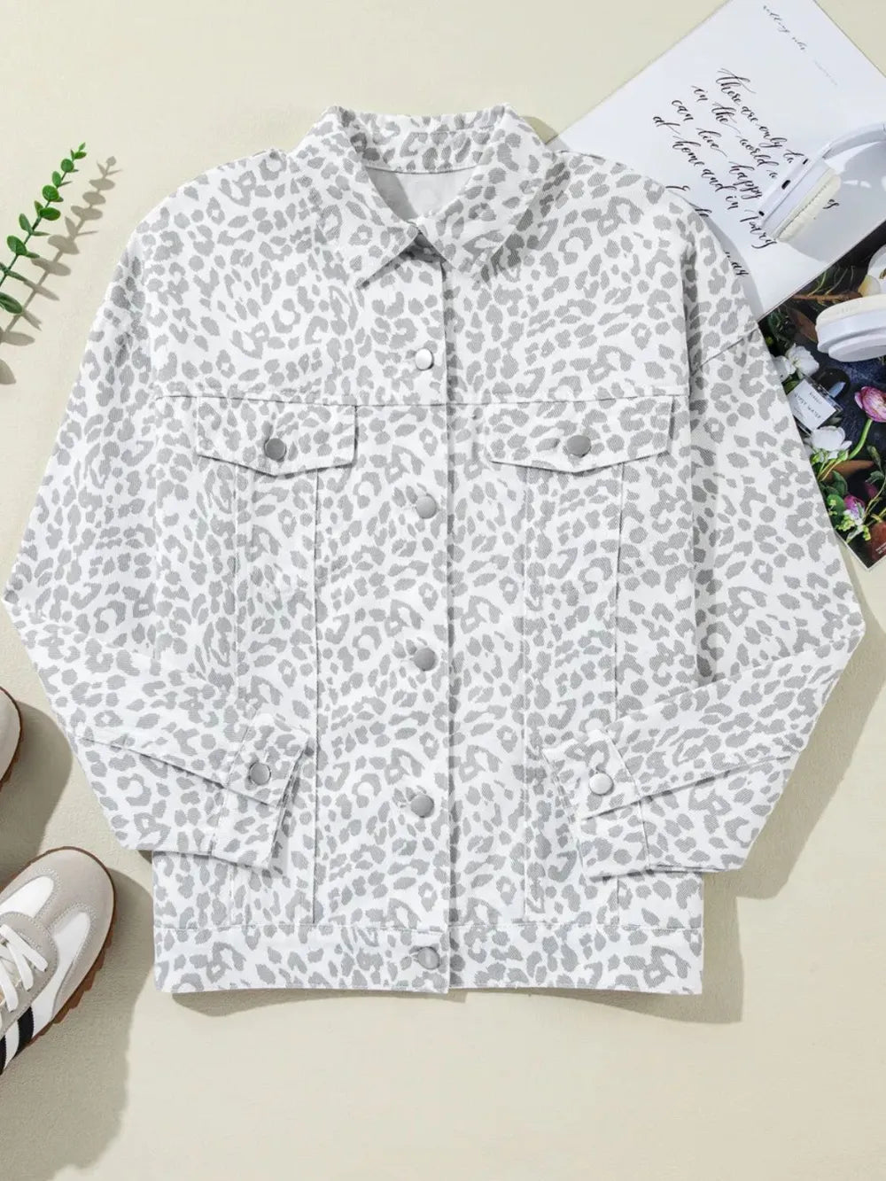 Leopard Button Up Long Sleeve Denim Jacket 