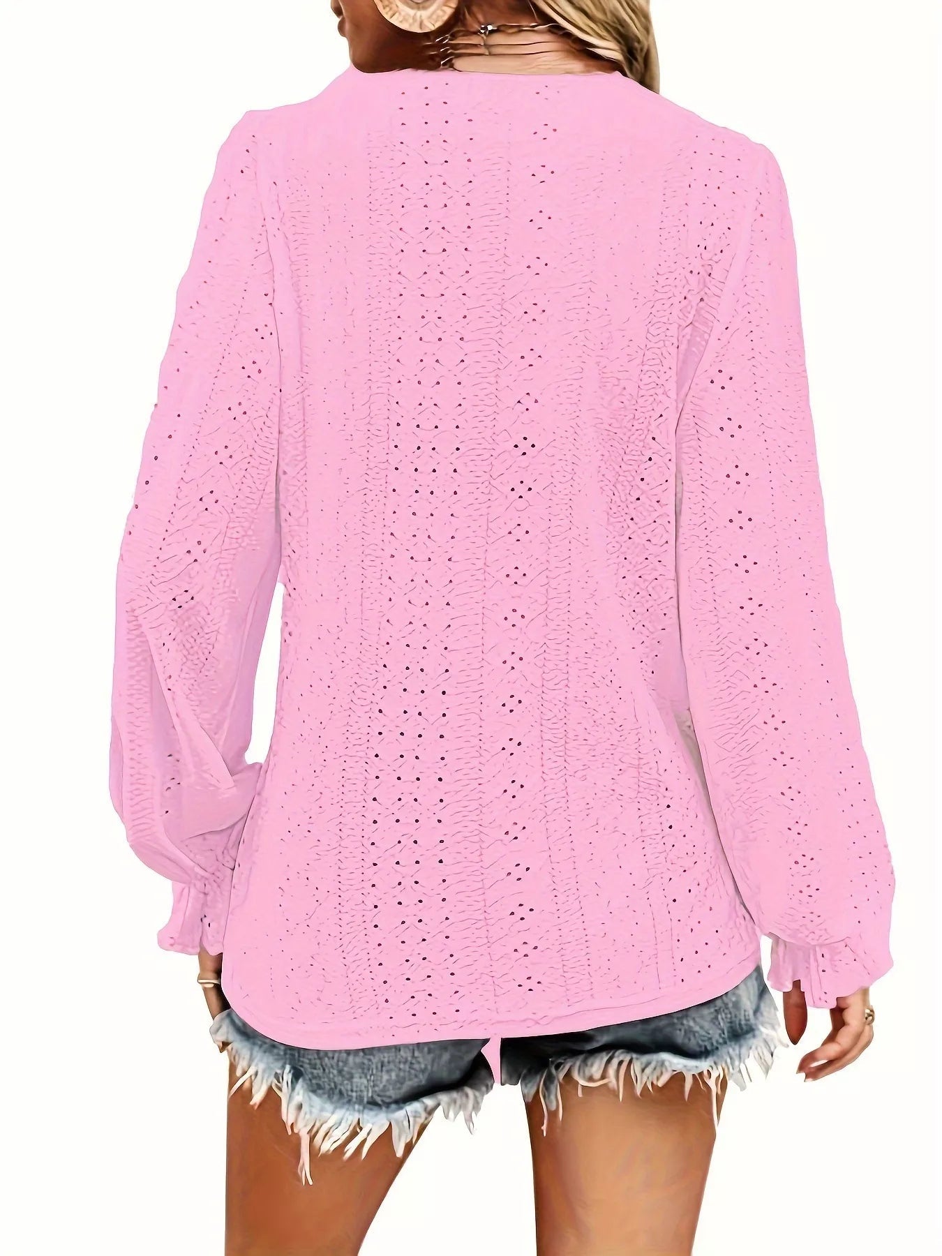 Plus Size Eyelet V-Neck Flounce Sleeve Blouse 