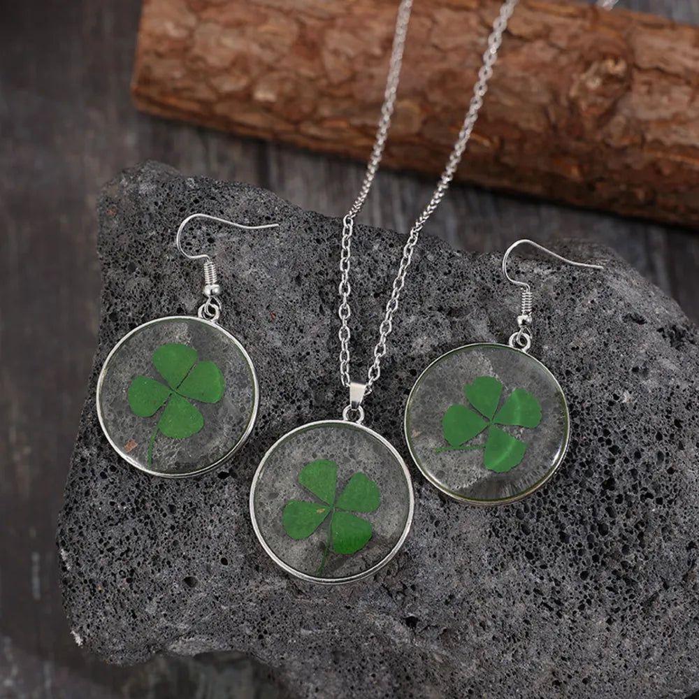 Lucky Clover Alloy Acrylic Earrings and Necklace Jewelry Set 
