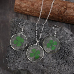 Lucky Clover Alloy Acrylic Earrings and Necklace Jewelry Set 