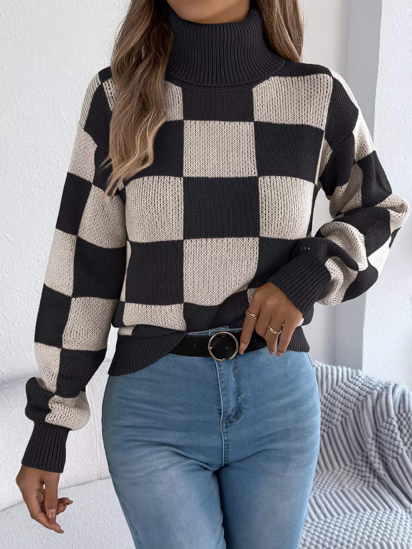 Checkered Turtleneck Long Sleeve Sweater 