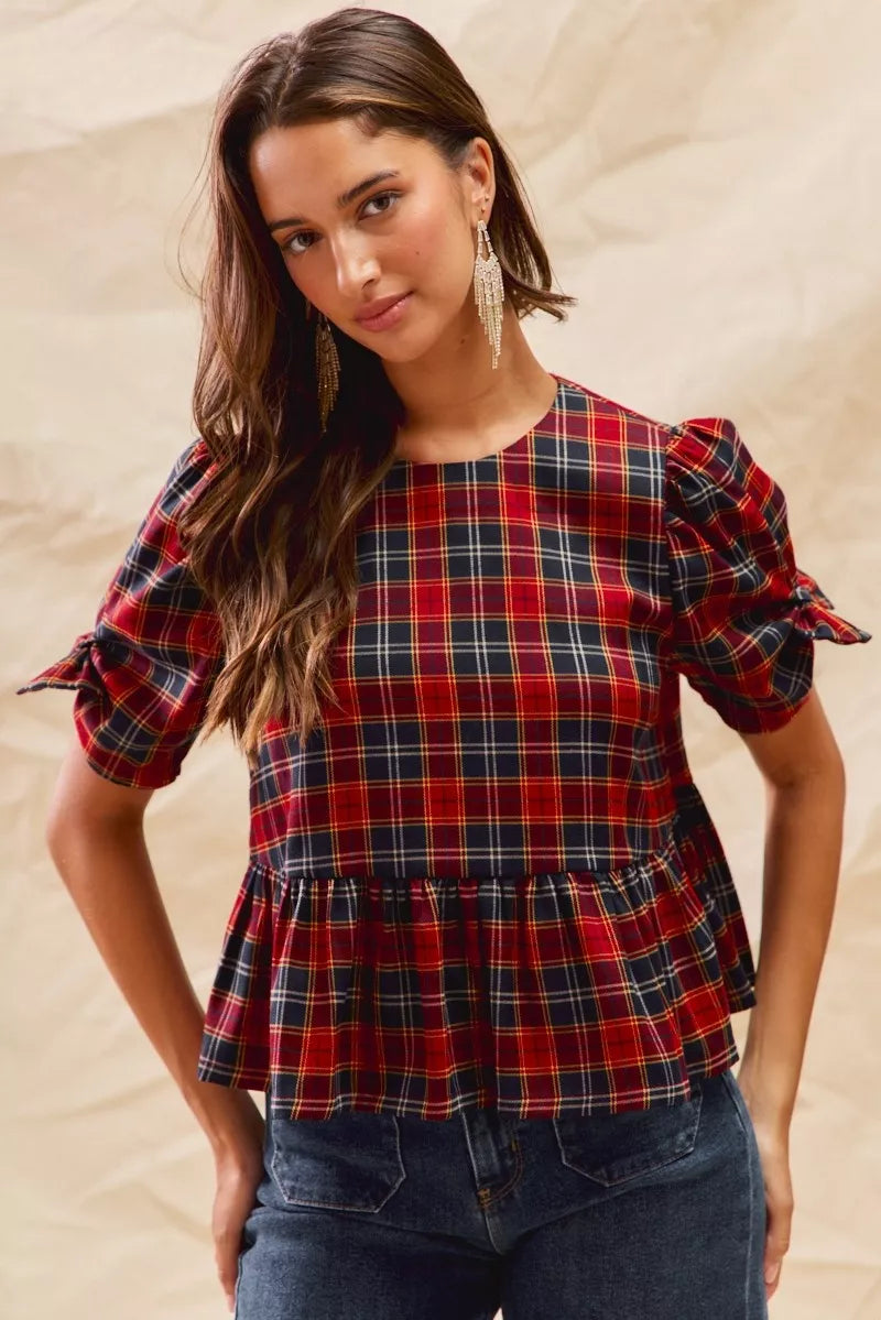 SO ME Christmas Holiday Plaid Ribbon Short Sleeves Top 