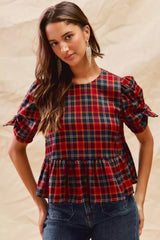 SO ME Christmas Holiday Plaid Ribbon Short Sleeves Top 
