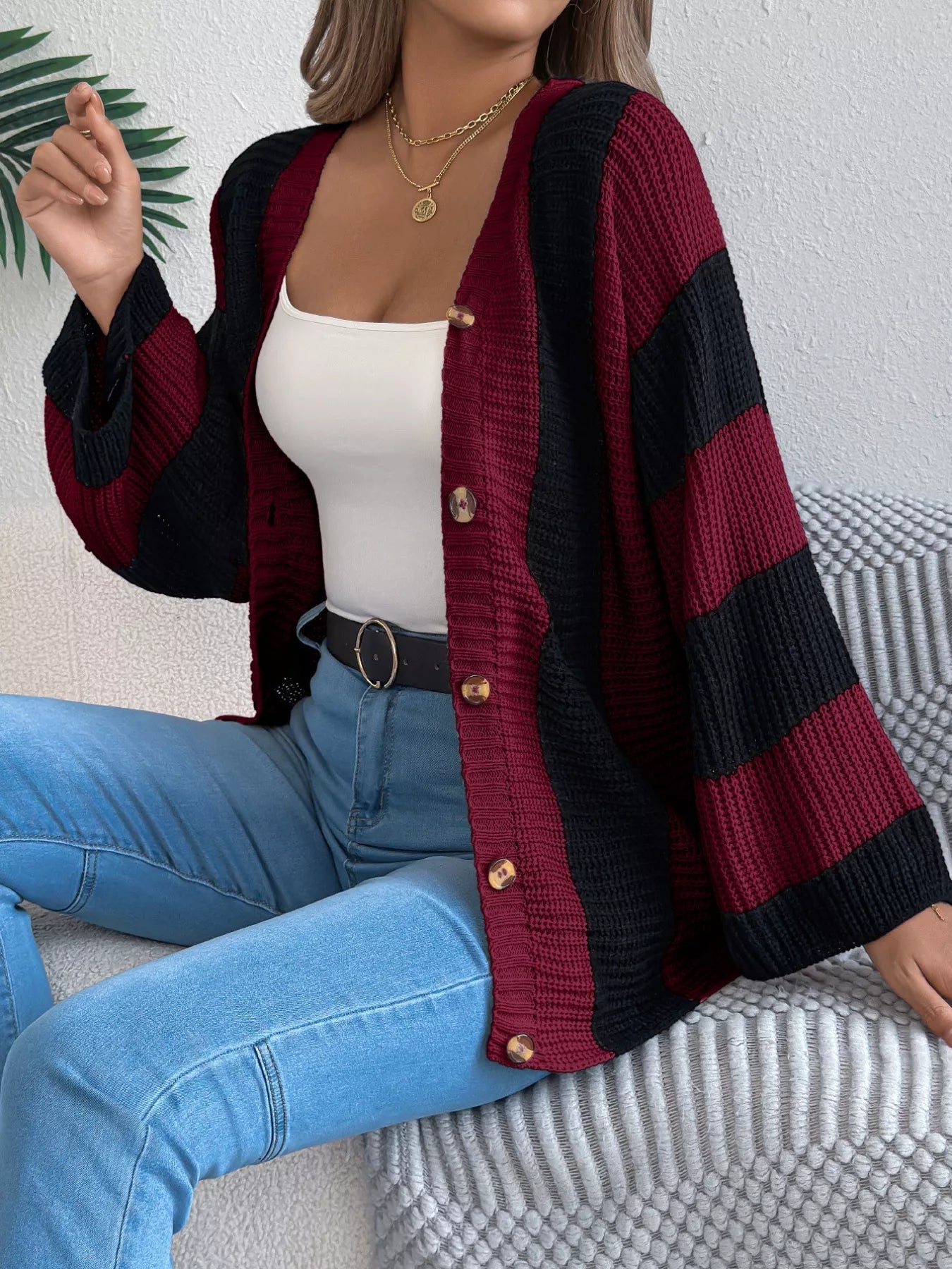 Color Block Button-Up Cardigan 