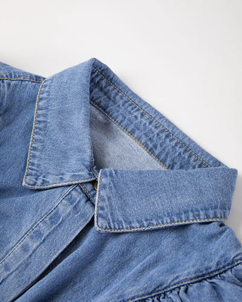 Ruffled Collared Neck Long Sleeve Denim Top 