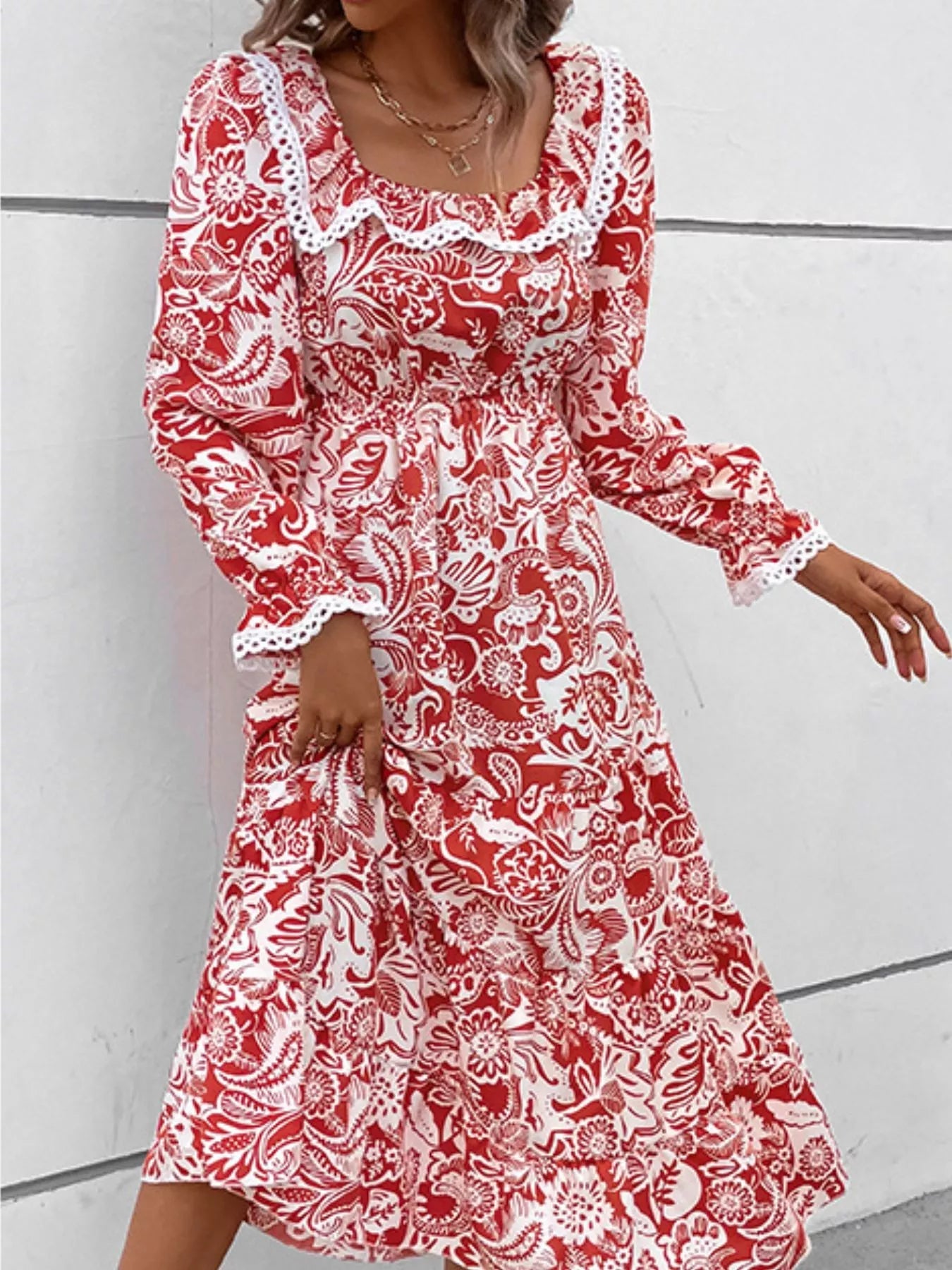 Printed Square Neck Long Sleeve Dress 