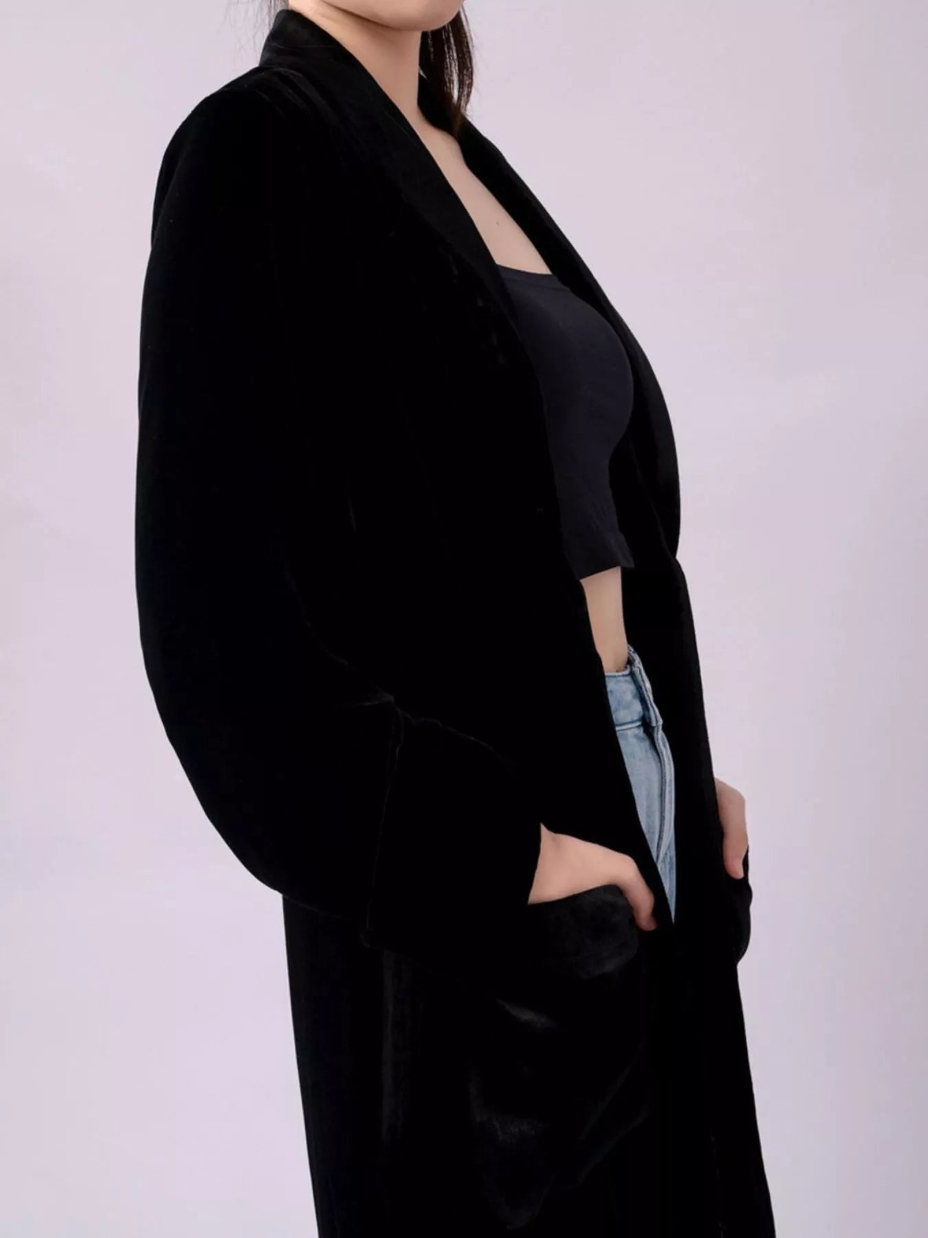 Velvet Lapel Collar Longline Coat 
