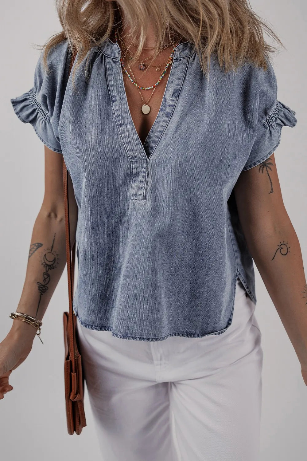 V Neck Ruffled Short Puff Sleeve Denim Top 