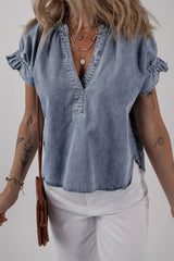 V Neck Ruffled Short Puff Sleeve Denim Top 