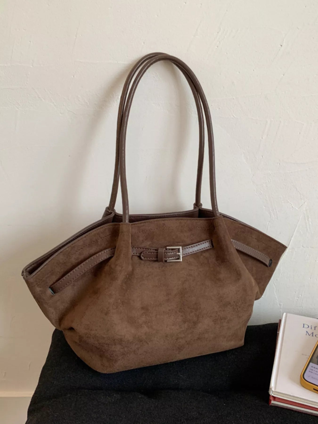 Solid Color Buckle Tote Bag 