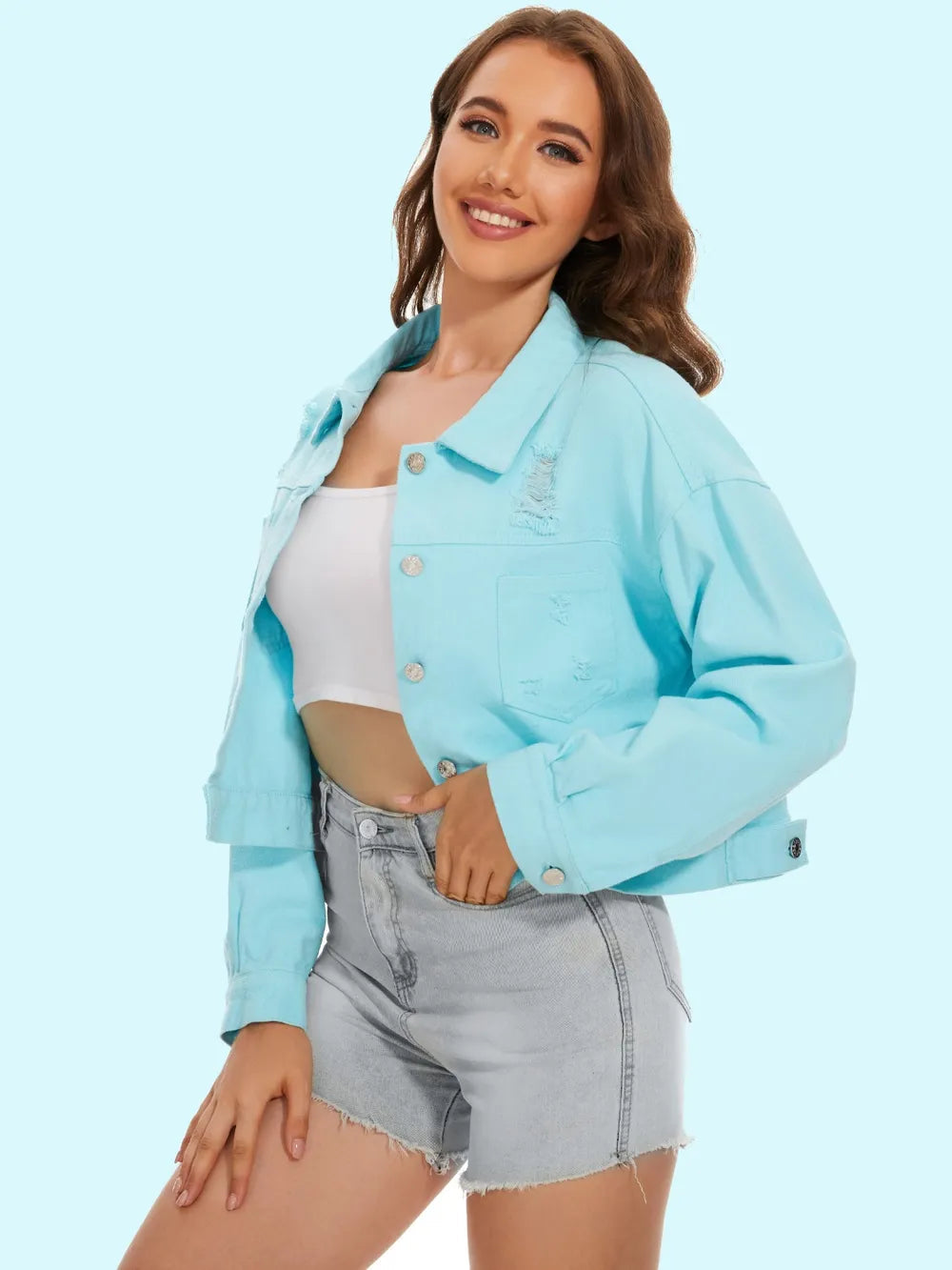 Distressed Distressed Button Up Denim Jacket 