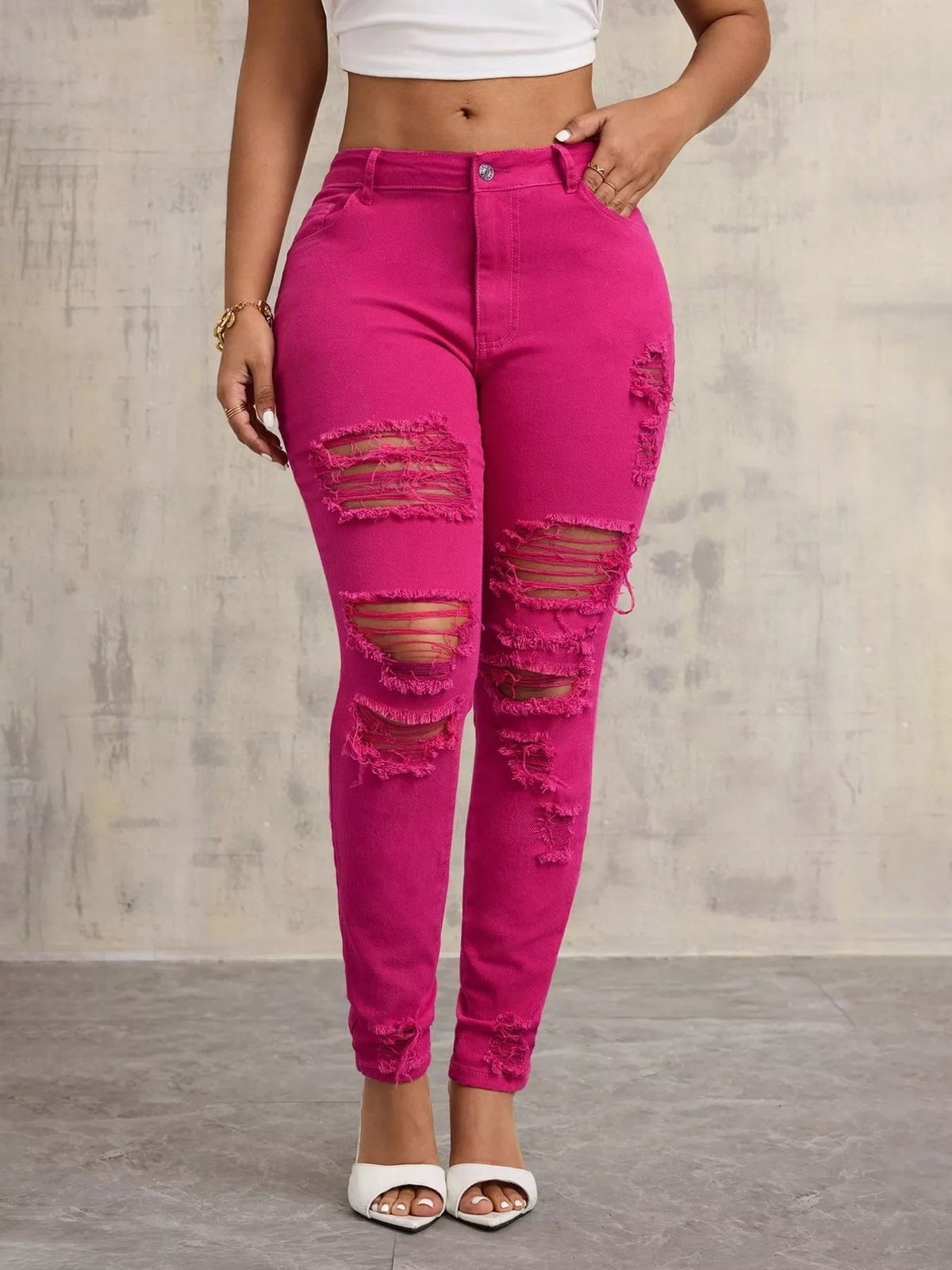 High-Waisted Distressed Skinny Jeans 