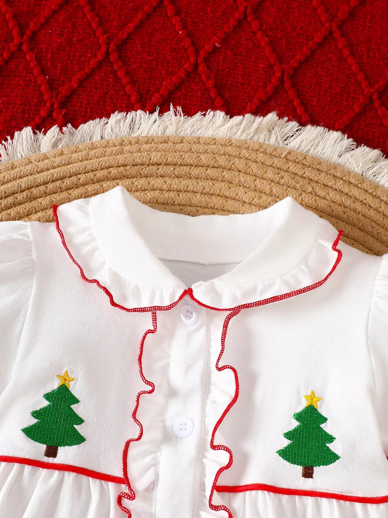Children's Christmas Tree Embroidered Ruffle Trim Dress 