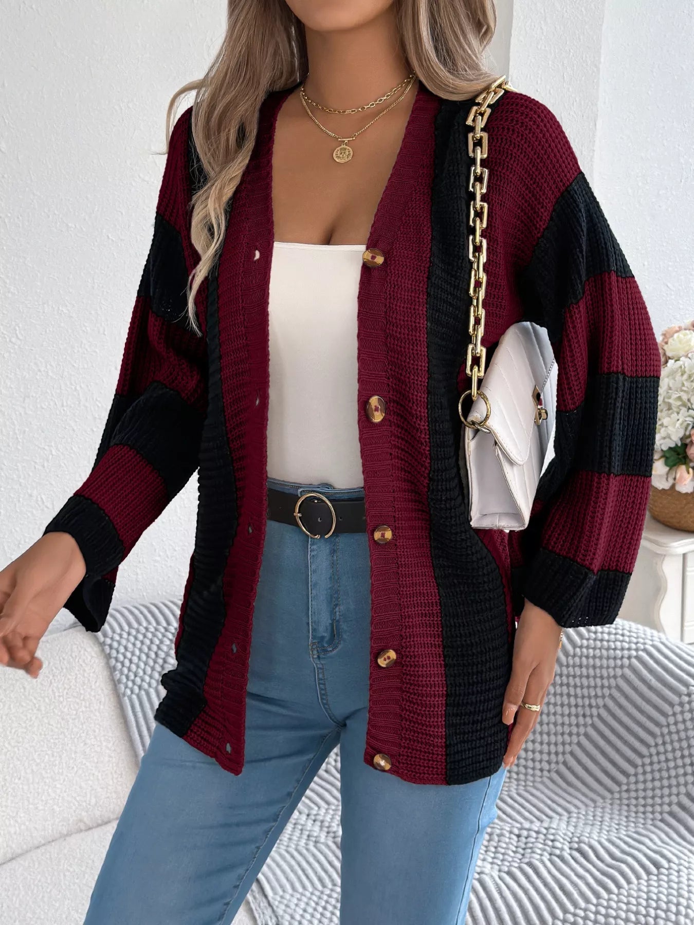 Color Block Button-Up Cardigan 