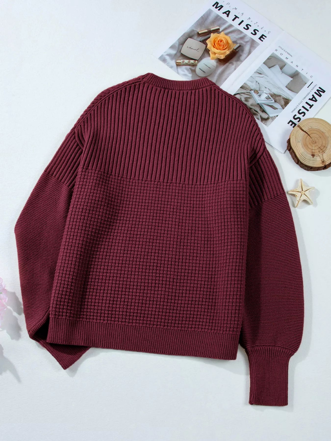 Solid Color Mixed Textured Knitted Crew Neck Sweater 