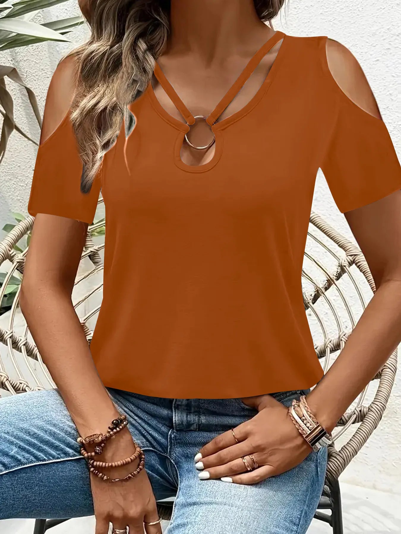Cold Shoulder T-Shirt with Metal Ring Detail 