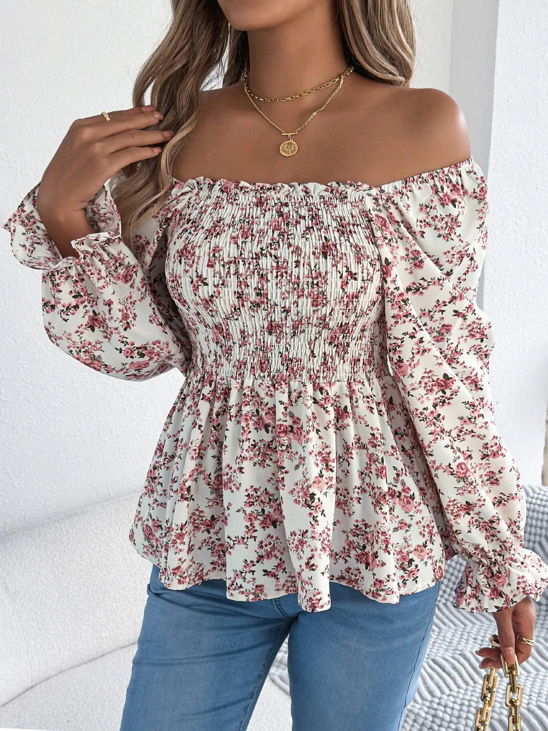 Floral Square Neck Flounce Sleeve Blouse 