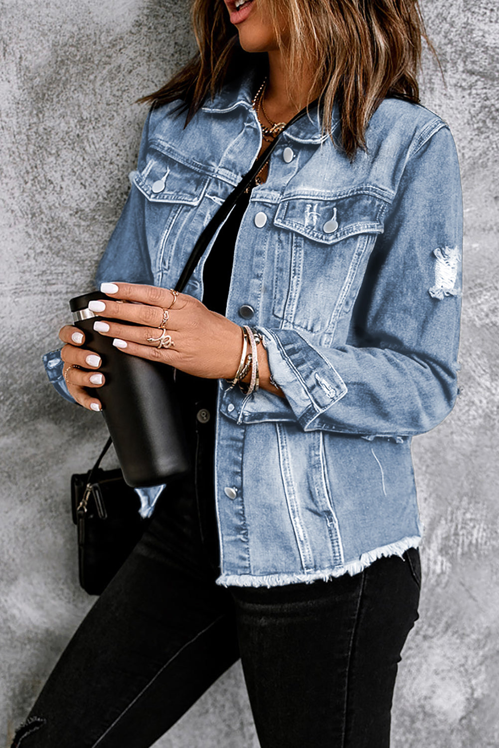 Distressed Raw Hem Denim Jacket 