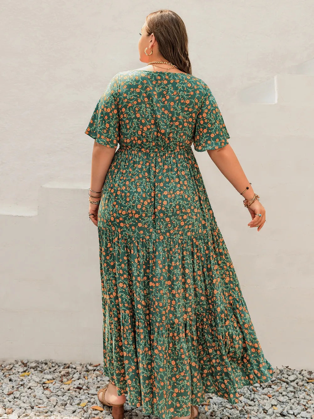 Plus Size Printed Short Sleeve Tiered Maxi Dress 