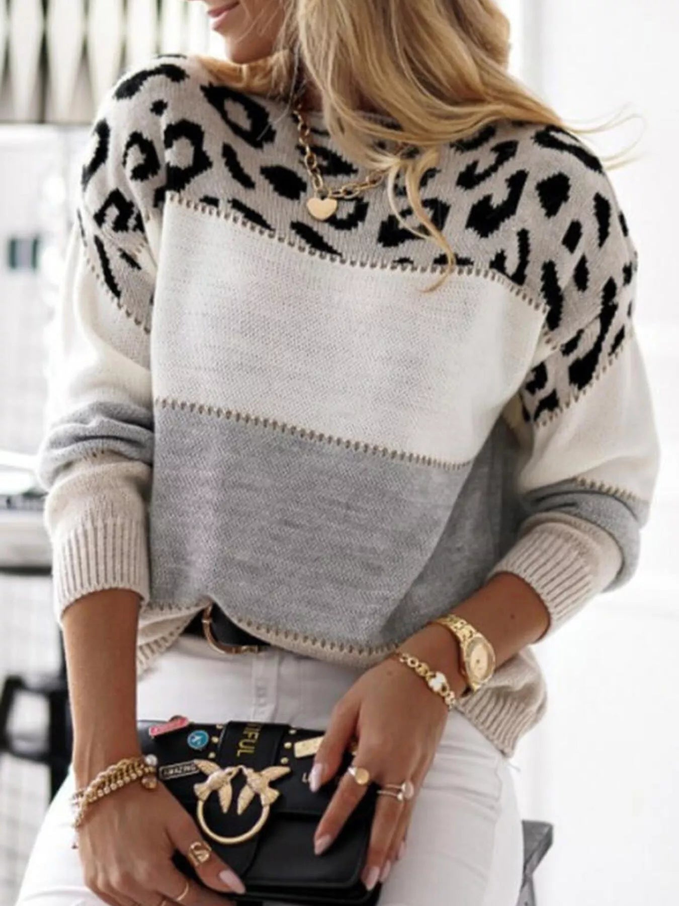 Full Size Leopard Color Block Long Sleeve Sweater Plus Size 