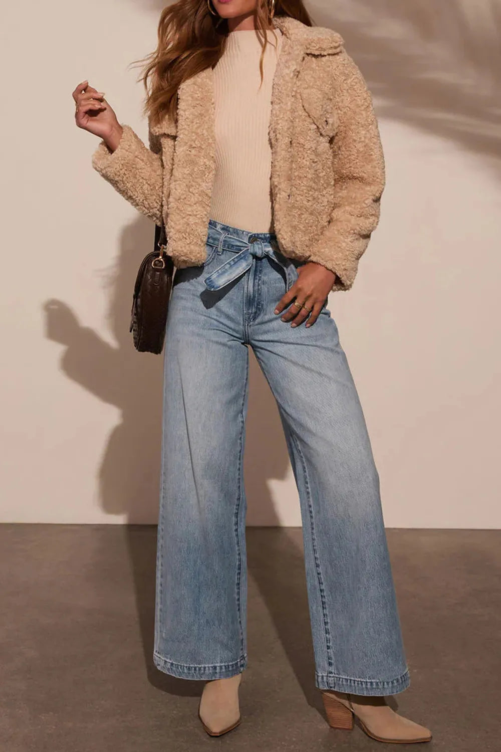 Tied Wide Leg Jeans with Pockets 