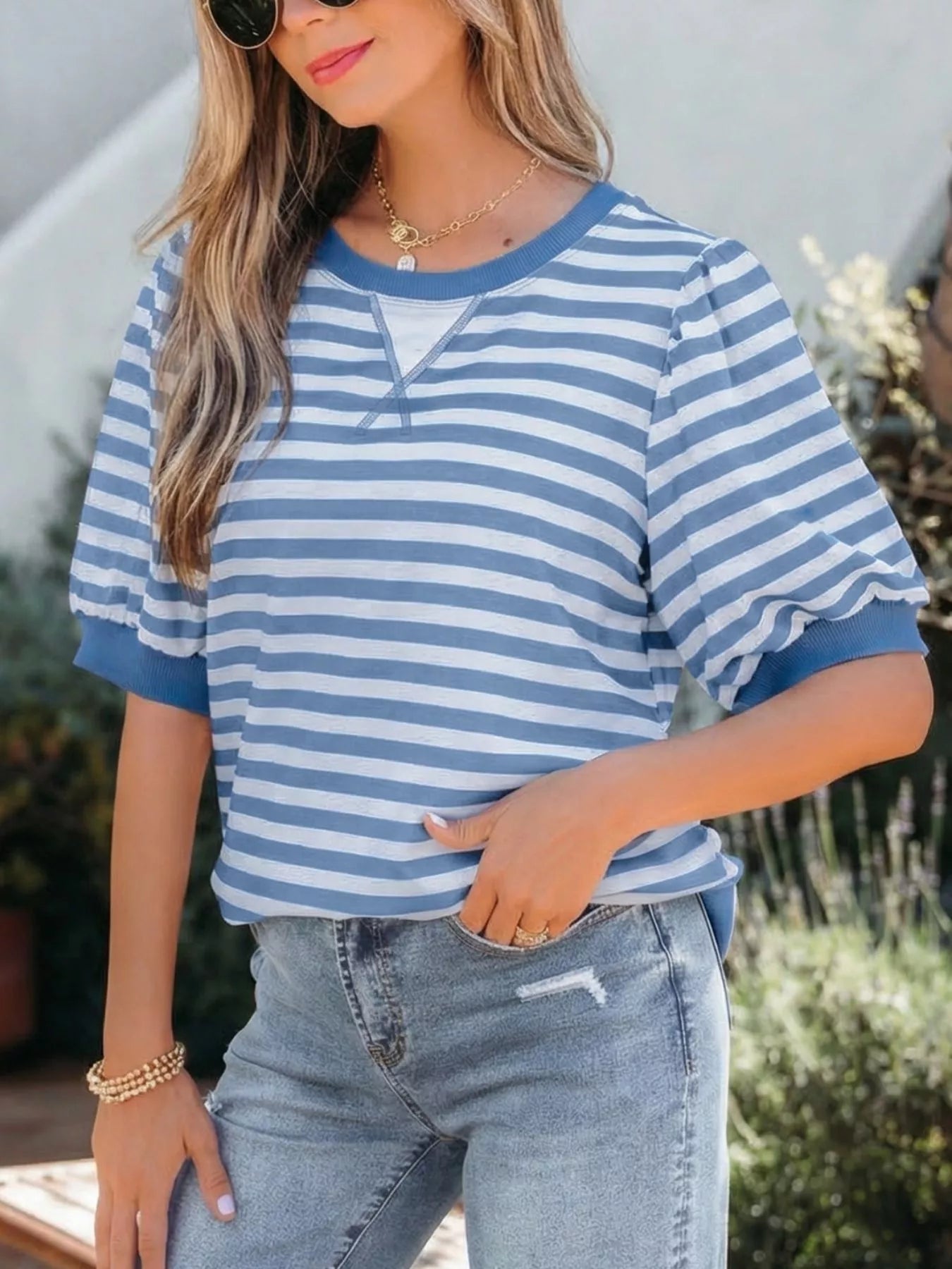 Stripe Short Bubble Sleeve T Shirt 