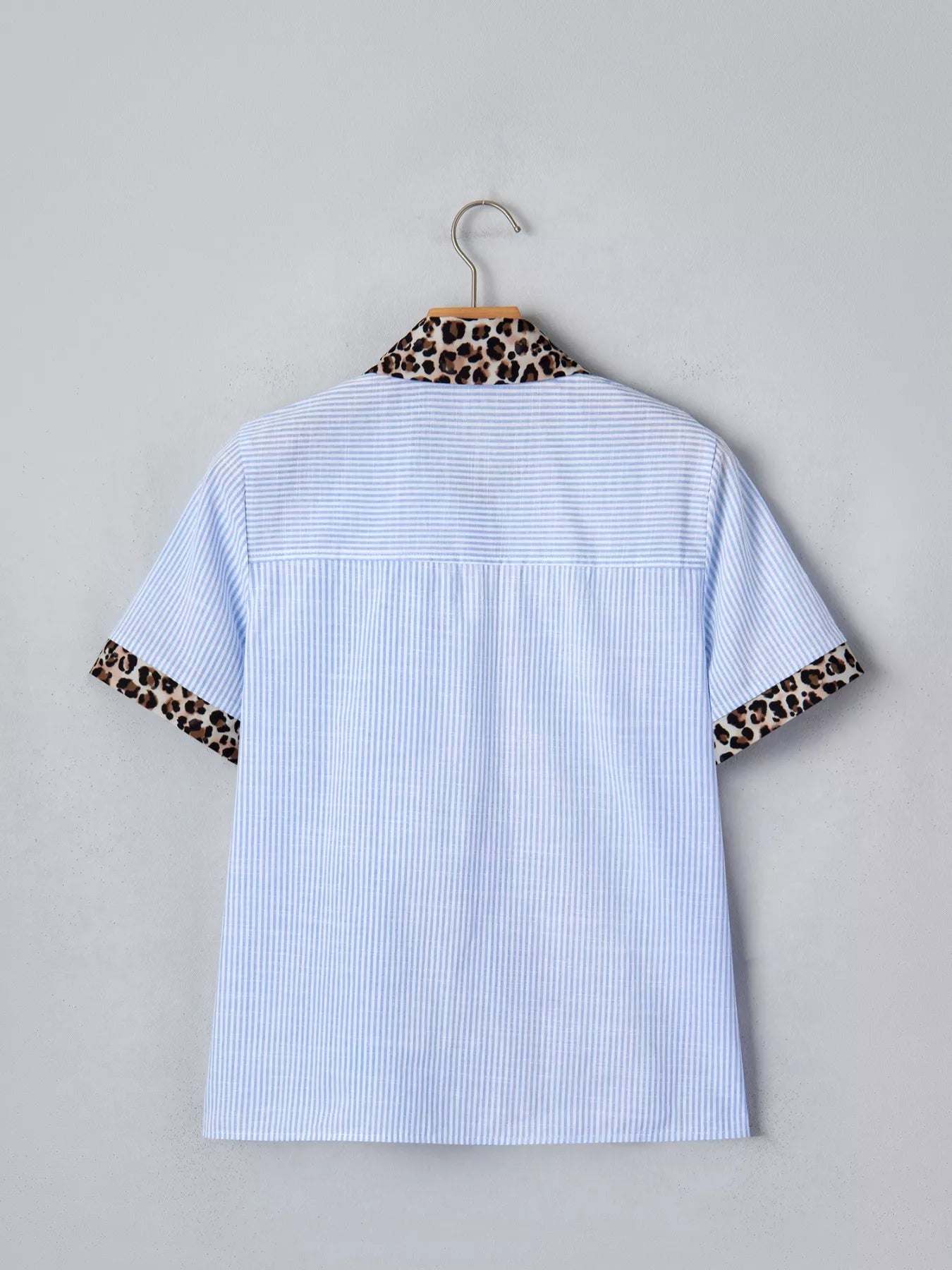 Stripe Leopard Contrast Collar Short Sleeve Shirt 