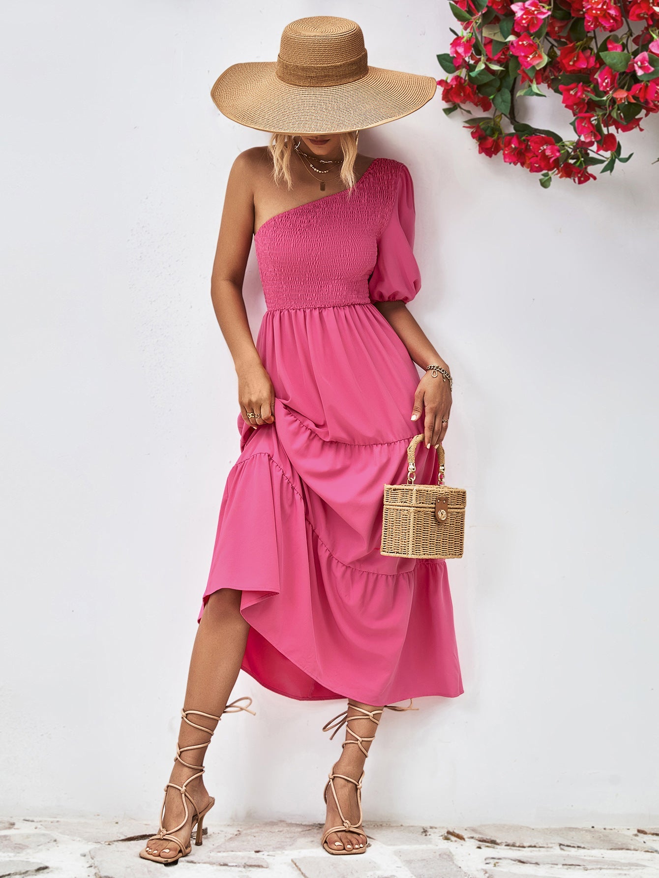 Smocked One-Shoulder Midi Dress 