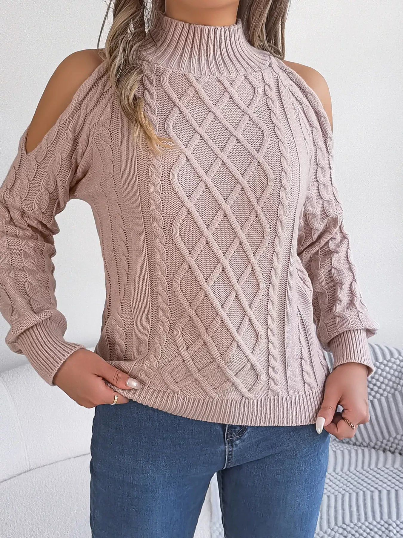 Cable Knit Cold Shoulder Turtleneck Sweater 