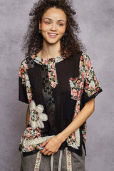 POL Lace Round Neck Short Sleeve Floral Pattern Top with Patch Detail 